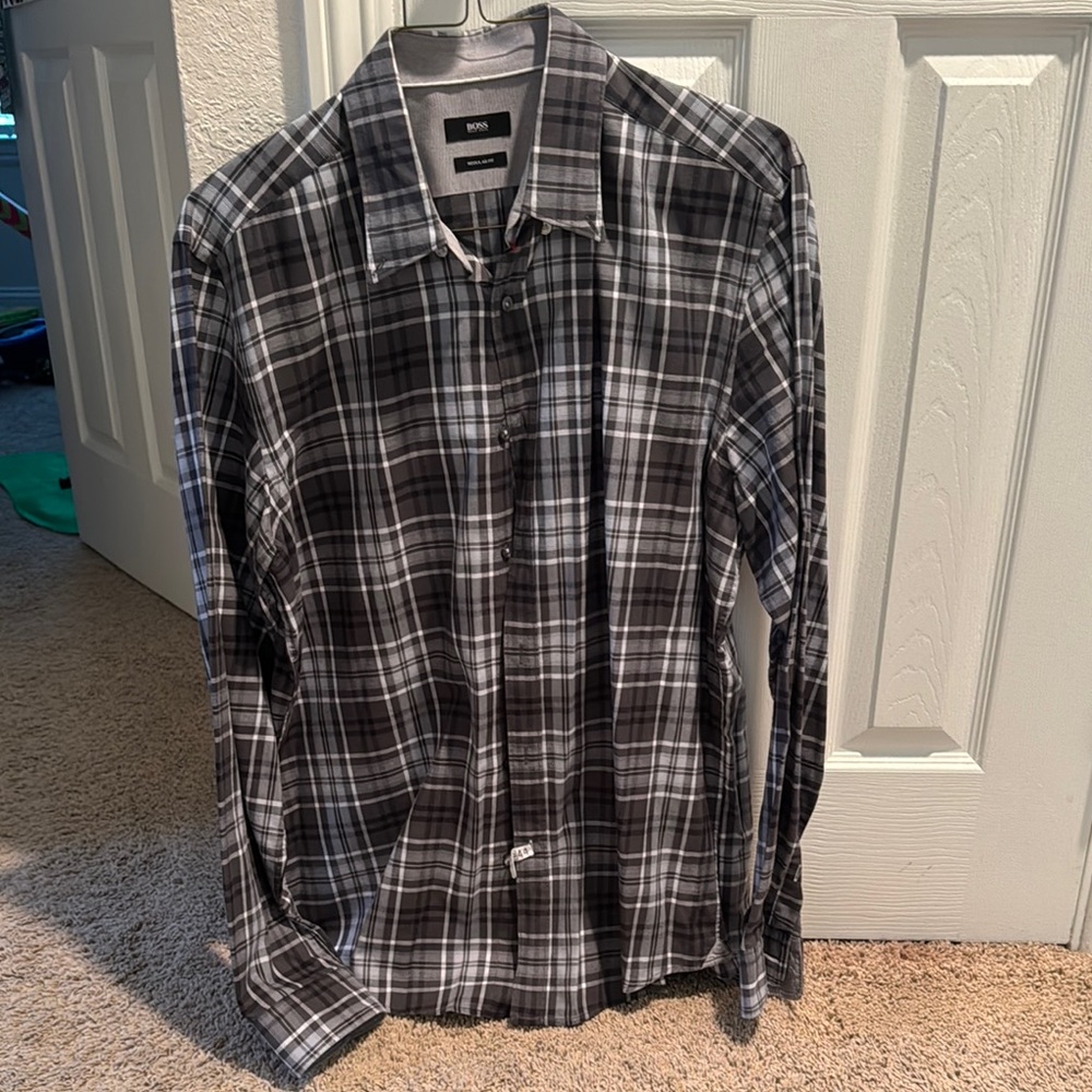 Hugo Boss Black and White Plaid Casual Shirt